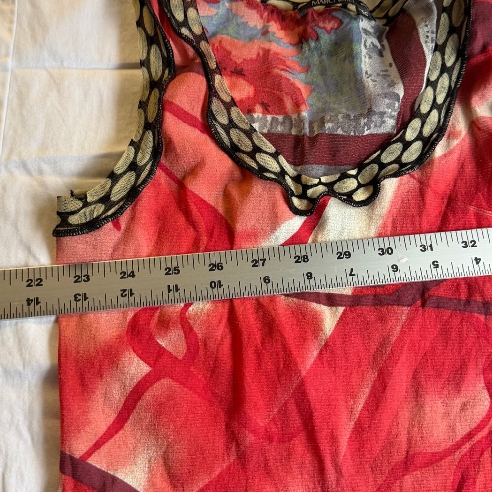 Marc Aurel Y2K Mesh Tank Top Size 36 Small Red Abstract Floral Scalloped Tirm - Picture 5 of 7